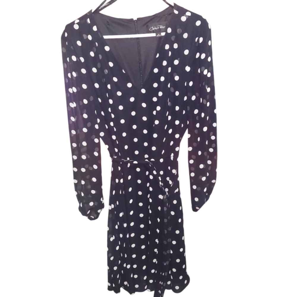 NWT Chelsea Rose Black White Long Sleeve Polka Dot Midi Dress